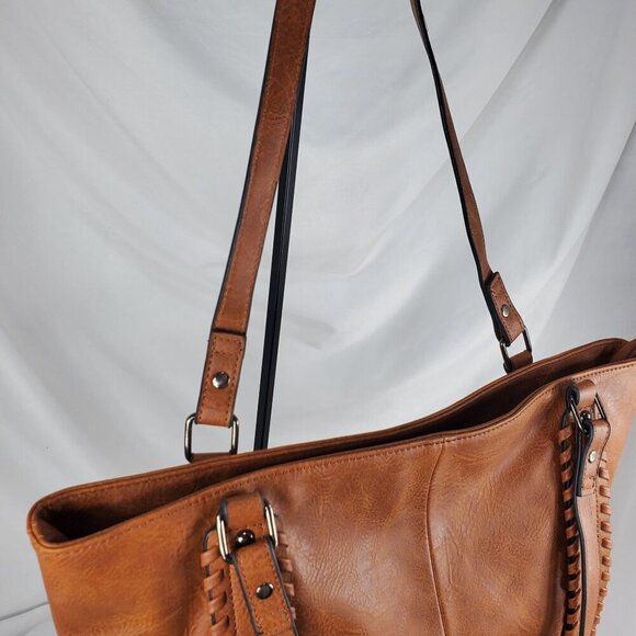 Sam & Hadley Women's Brown Tote Bag Leather Double Handle Zip Closure Pockets - Picture 8 of 13